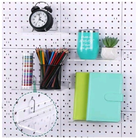 4 Set Pegboard Shelf Clear Acrylic Shelf with Metal Hooks Peg Board Organizer Ac - Picture 3 of 10